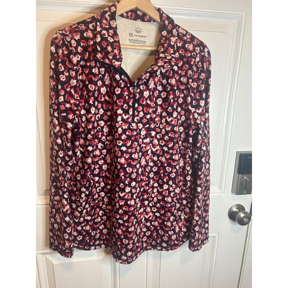 T by Talbots Pullover Pink Floral Abstract UPF 50+ Quarter Zip Active Top Large